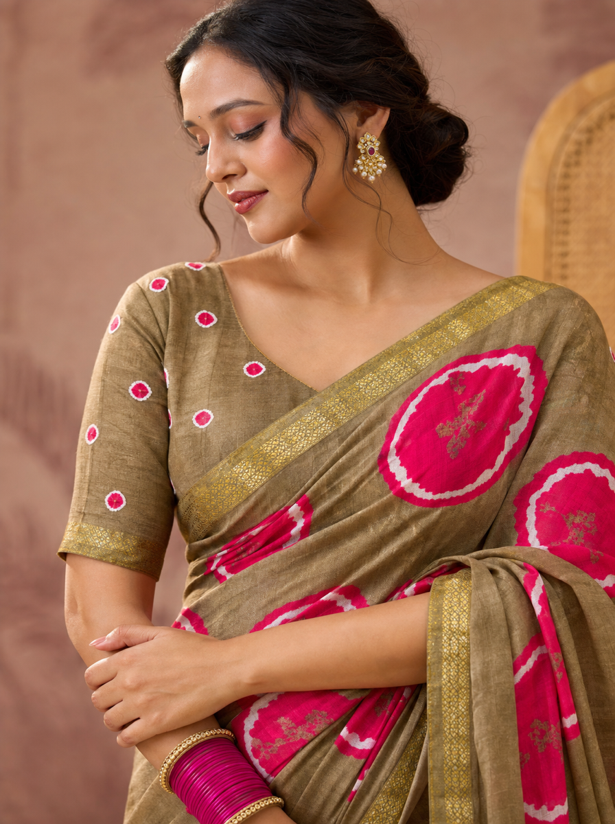 Vintage Charm Chikoo & Pink Shibori Saree