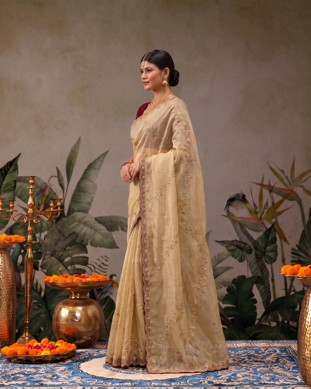 Reva Moti Leheriya Festive Saree with Flowing Pattern - Beige - side