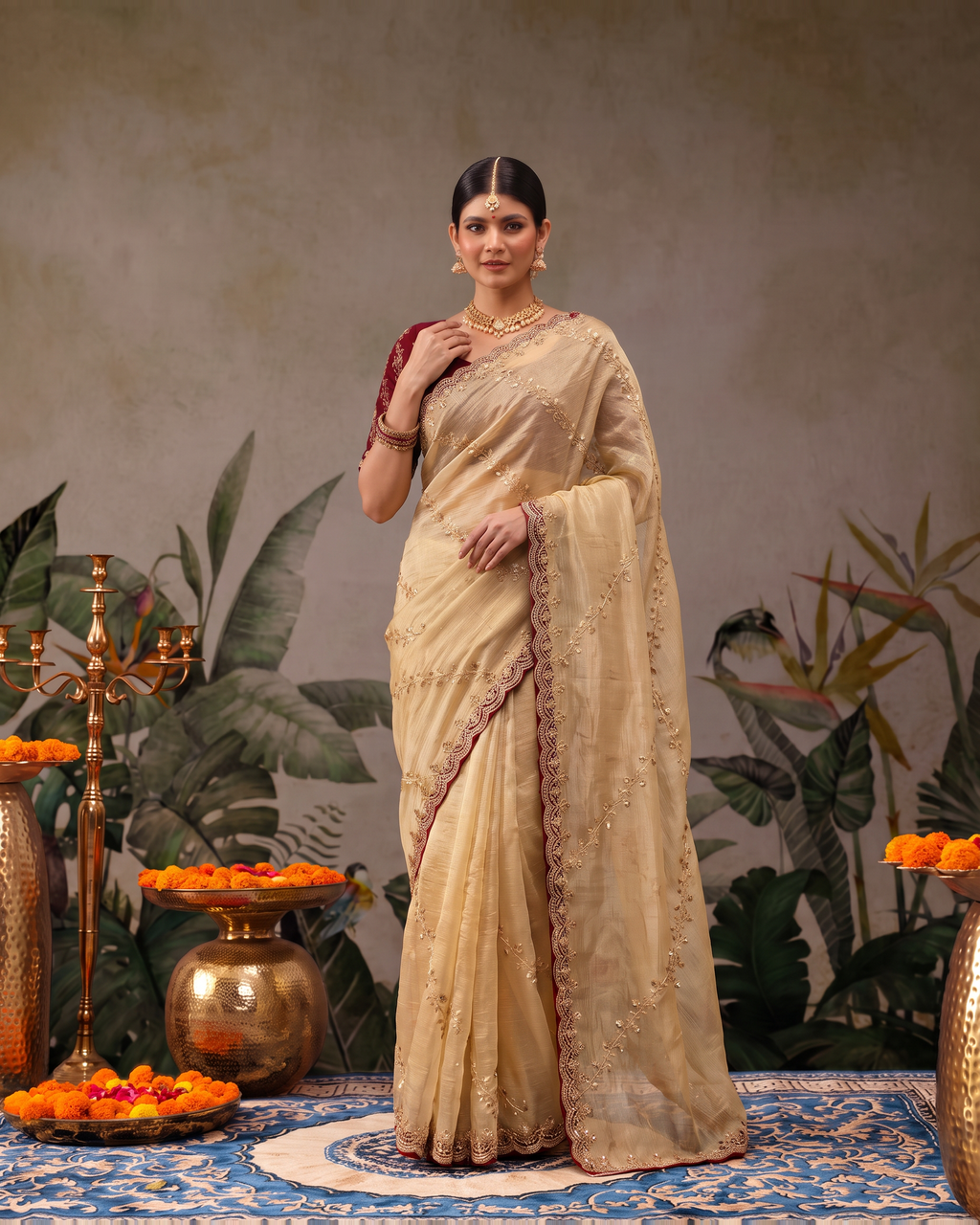 Reva Moti Leheriya Festive Saree with Flowing Pattern - Beige - upper closeup
