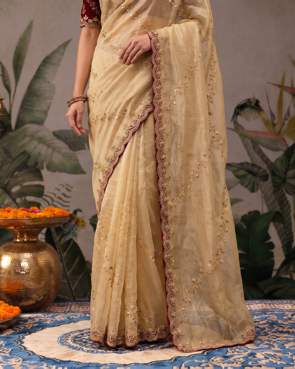 Reva Moti Leheriya Festive Saree with Flowing Pattern - Beige - lower closeup
