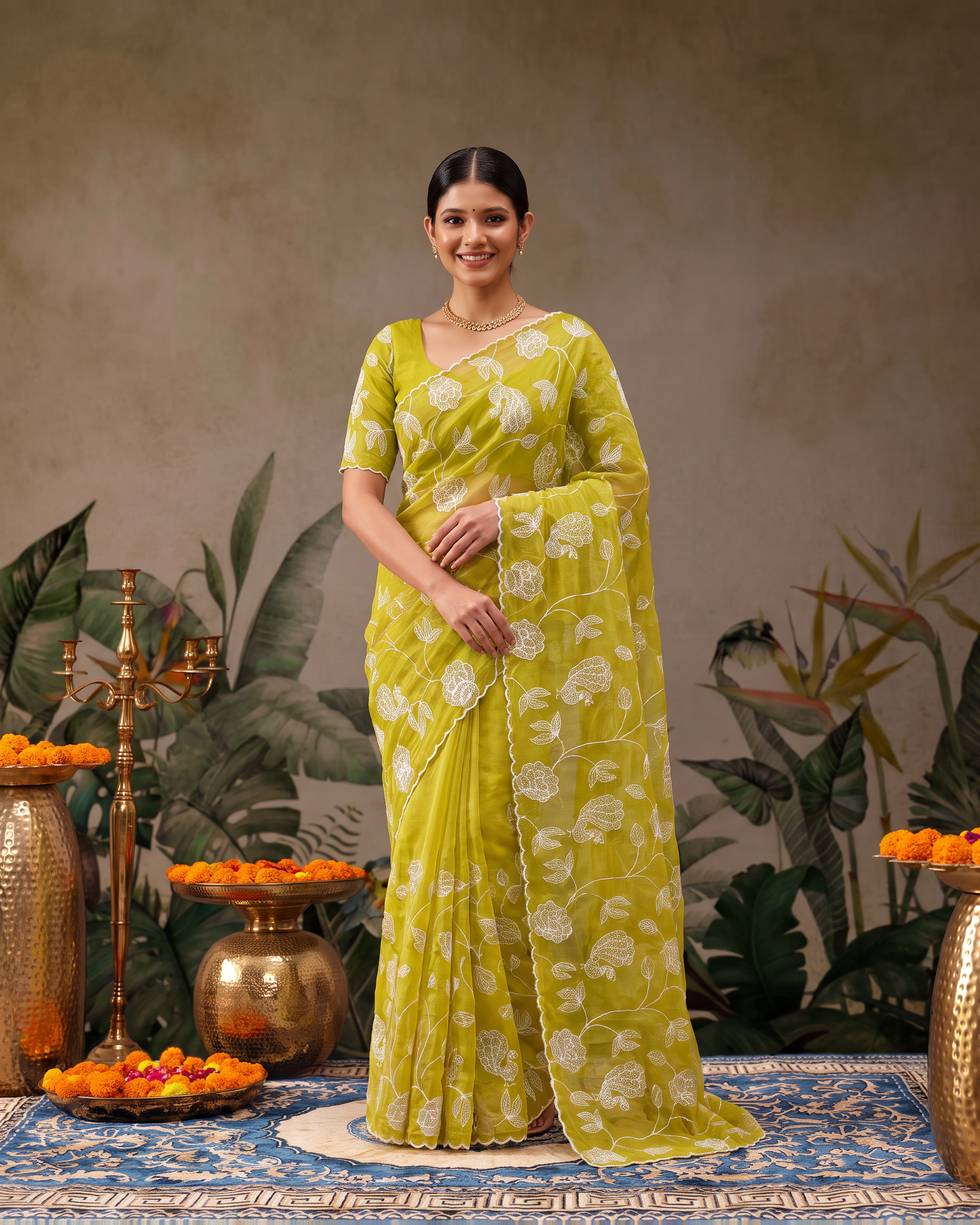 Reva Moti Leheriya Festive Saree with Flowing Pattern - Lime - full saree hero