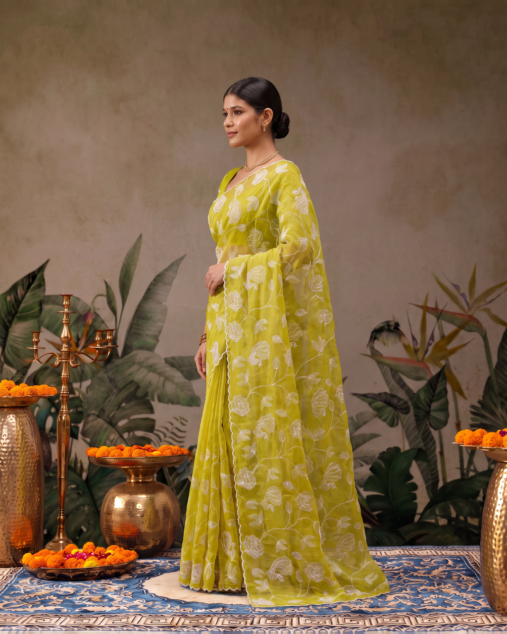 Reva Moti Leheriya Festive Saree with Flowing Pattern - Lime - side