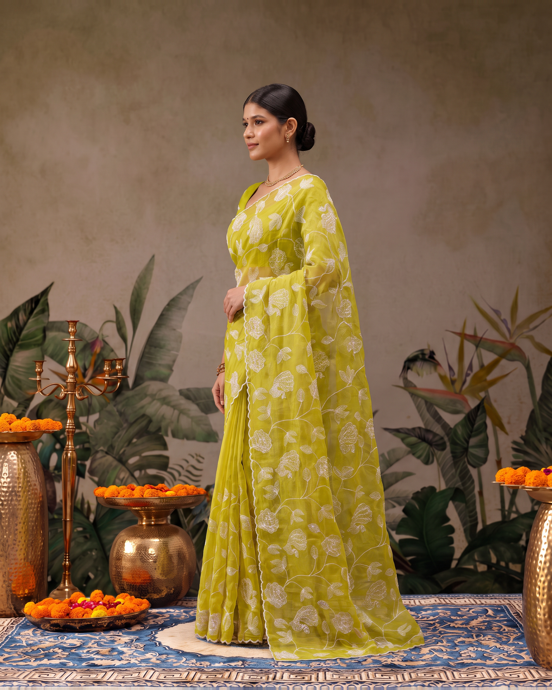 Reva Moti Leheriya Festive Saree with Flowing Pattern - Lime - side