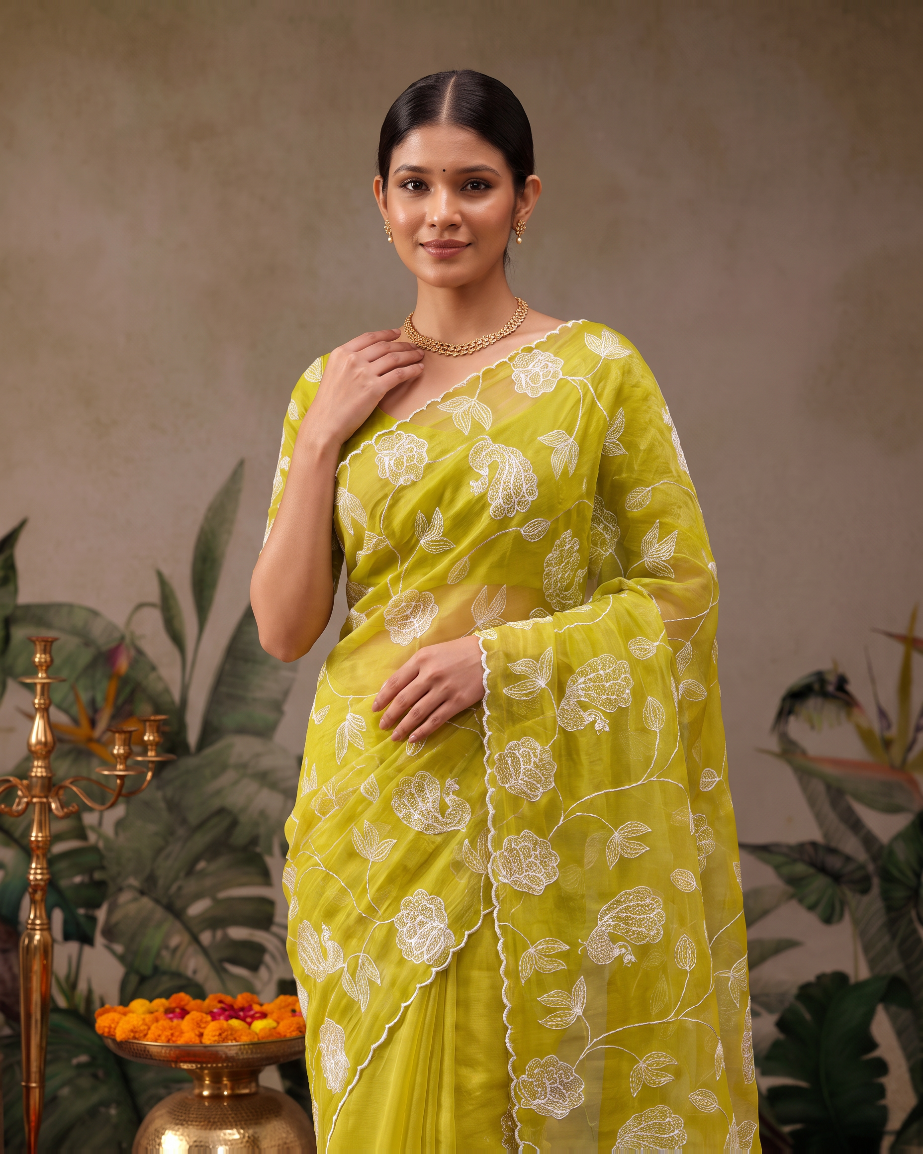 Reva Moti Leheriya Festive Saree with Flowing Pattern - Lime - upper closeup