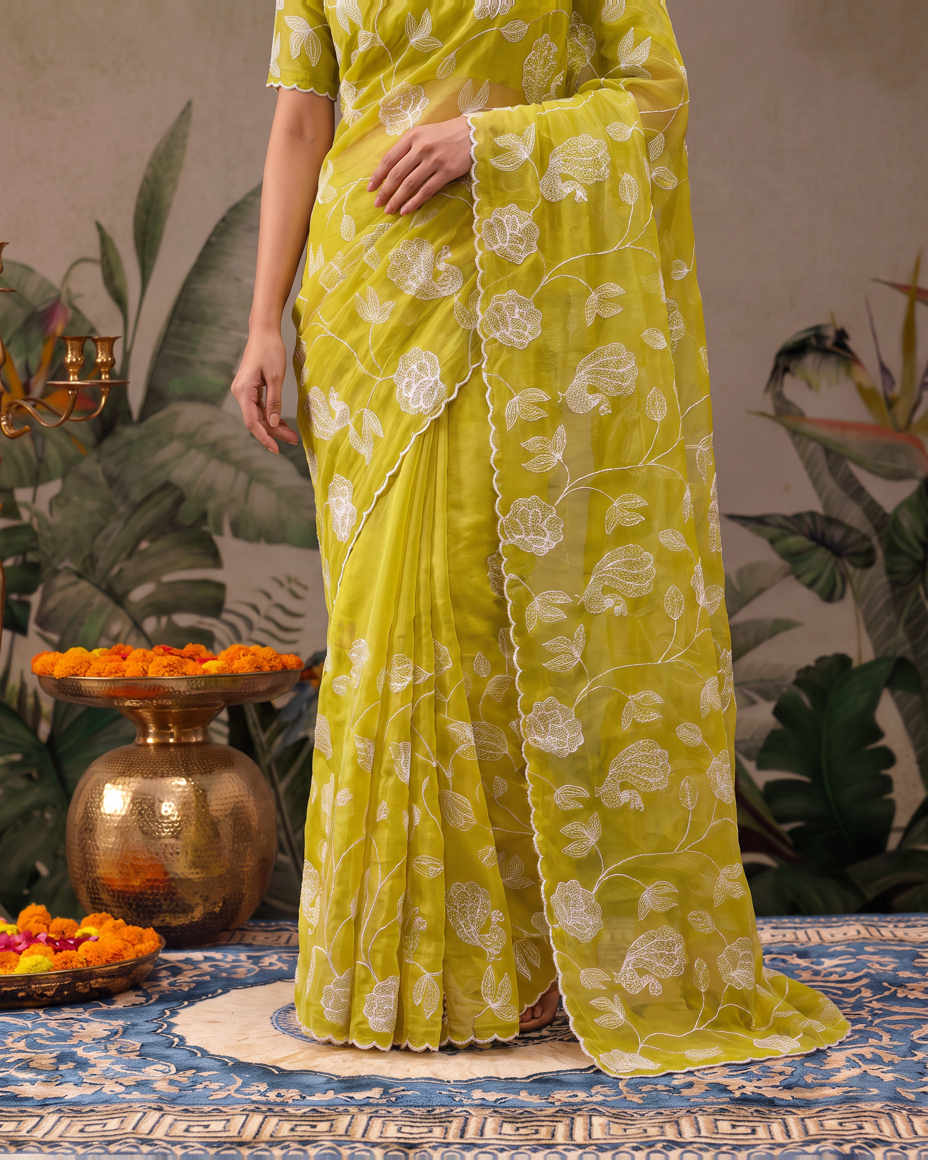 Reva Moti Leheriya Festive Saree with Flowing Pattern - Lime - lower closeup