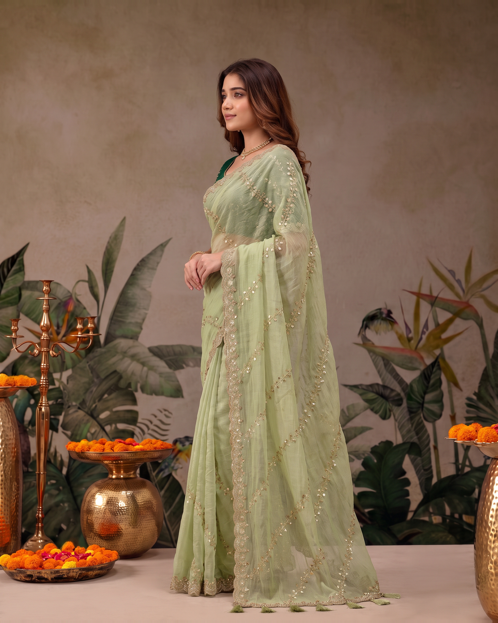 Reva Moti Leheriya Festive Saree with Flowing Pattern - Mint Green - side
