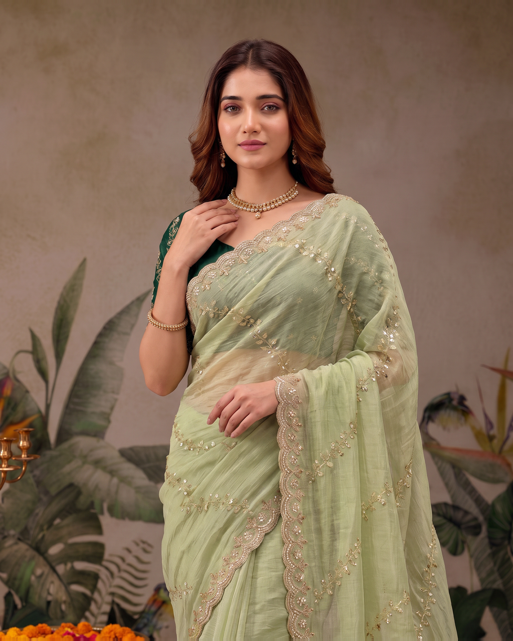Reva Moti Leheriya Festive Saree with Flowing Pattern - Mint Green - upper closeup