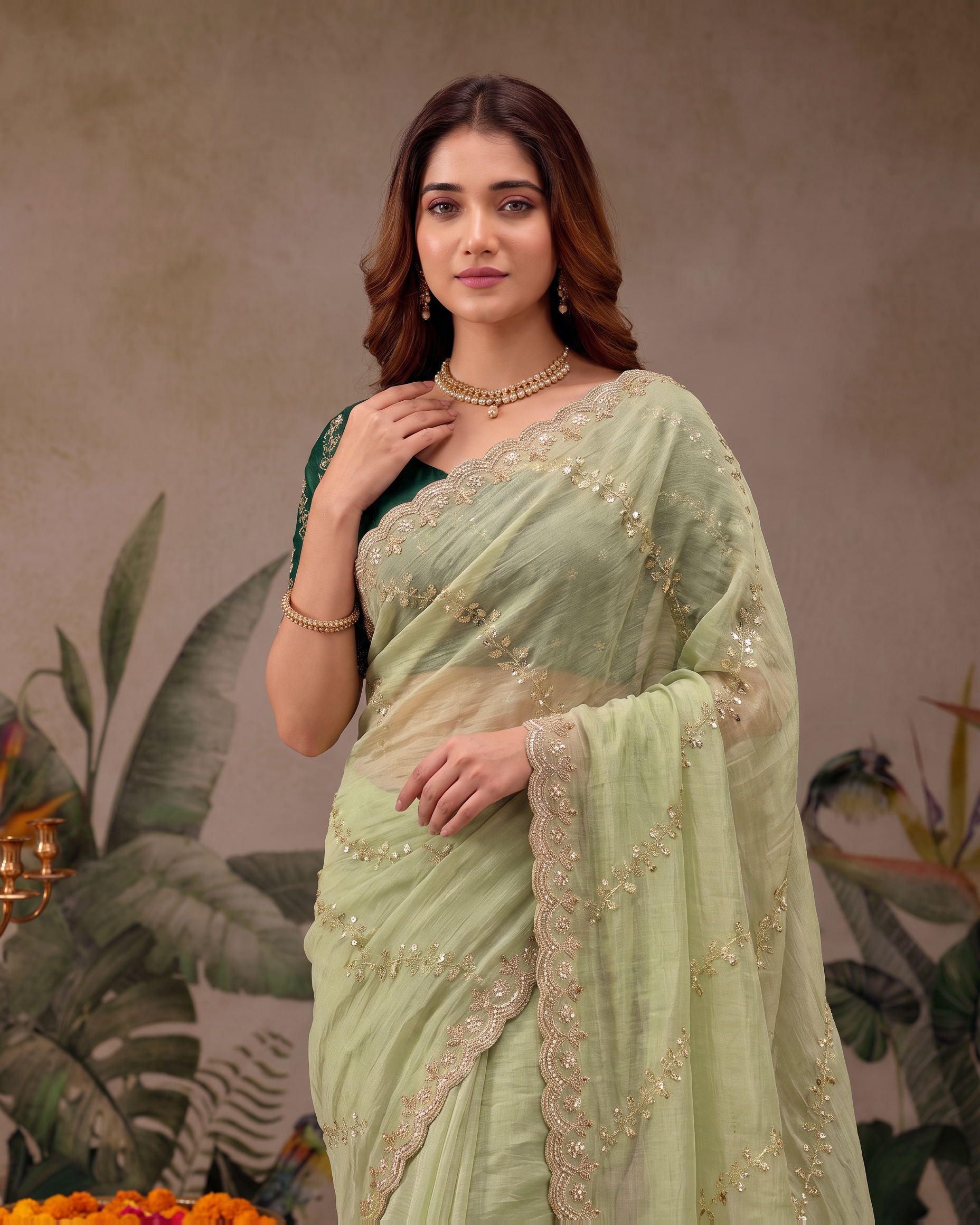 Reva Moti Leheriya Festive Saree with Flowing Pattern - Mint Green - upper closeup