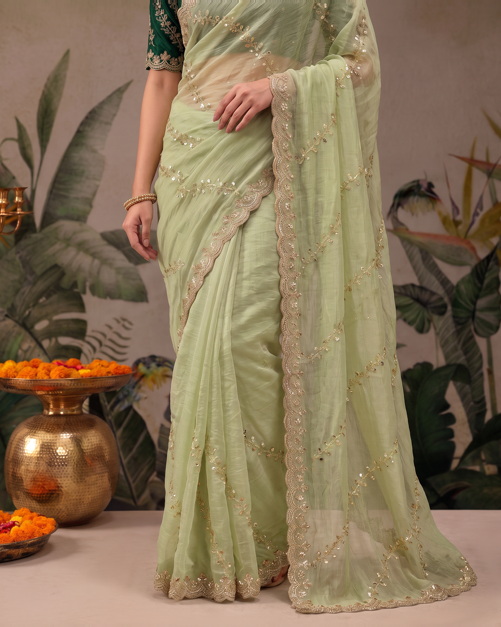 Reva Moti Leheriya Festive Saree with Flowing Pattern - Mint Green - lower closeup