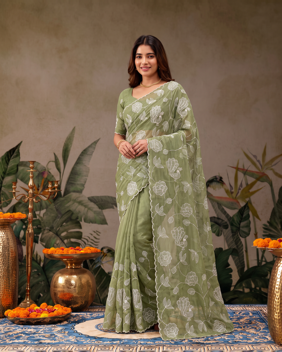 Reva Moti Leheriya Festive Saree with Flowing Pattern - Sage Green - full saree hero
