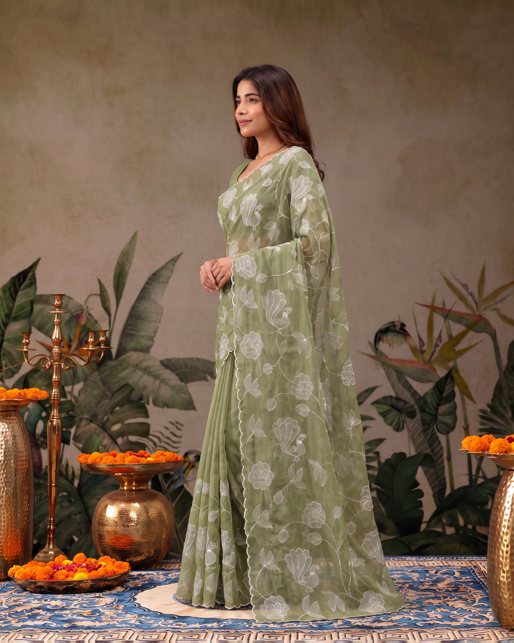 Reva Moti Leheriya Festive Saree with Flowing Pattern - Sage Green - side