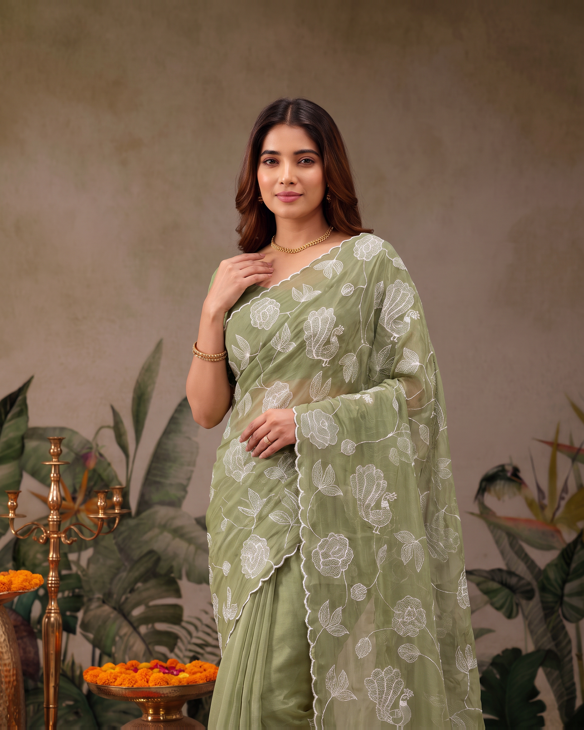 Reva Moti Leheriya Festive Saree with Flowing Pattern - Sage Green - upper closeup