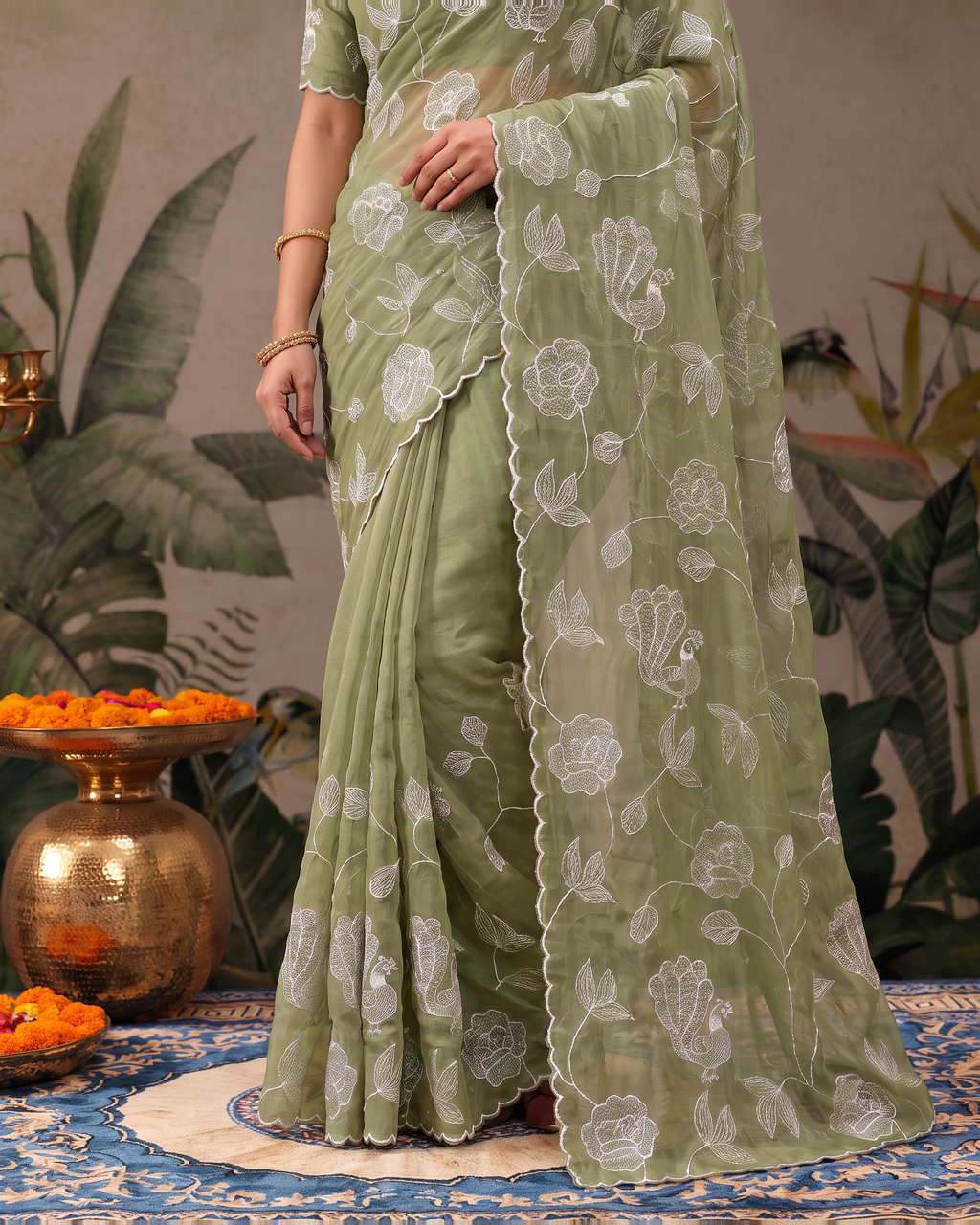 Reva Moti Leheriya Festive Saree with Flowing Pattern - Sage Green - lower closeup