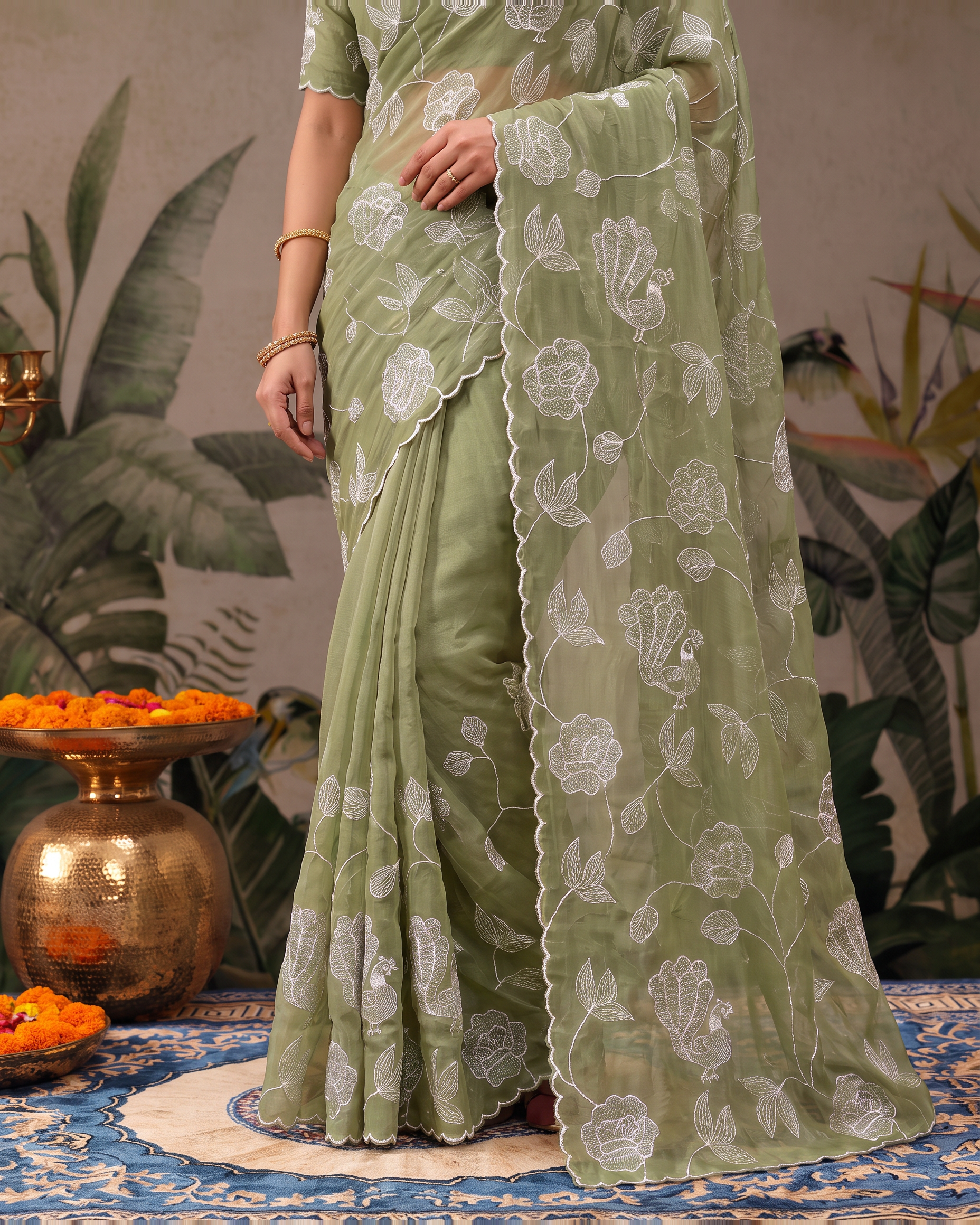 Reva Moti Leheriya Festive Saree with Flowing Pattern - Sage Green - lower closeup