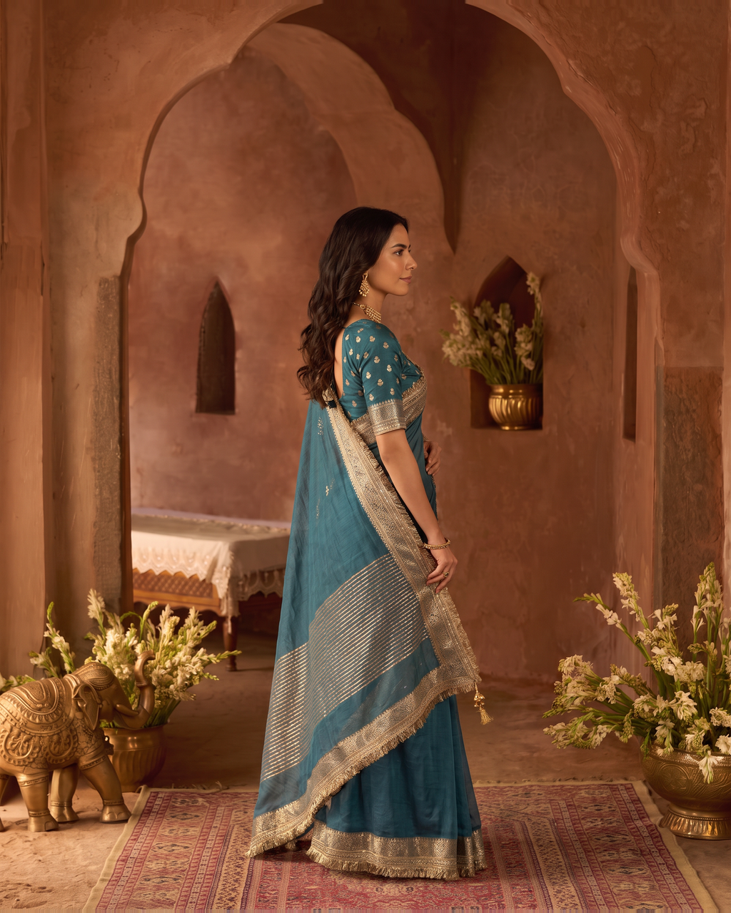 Rhea Tissue Finish Festive Saree with Luminous Pallu - Teal - side