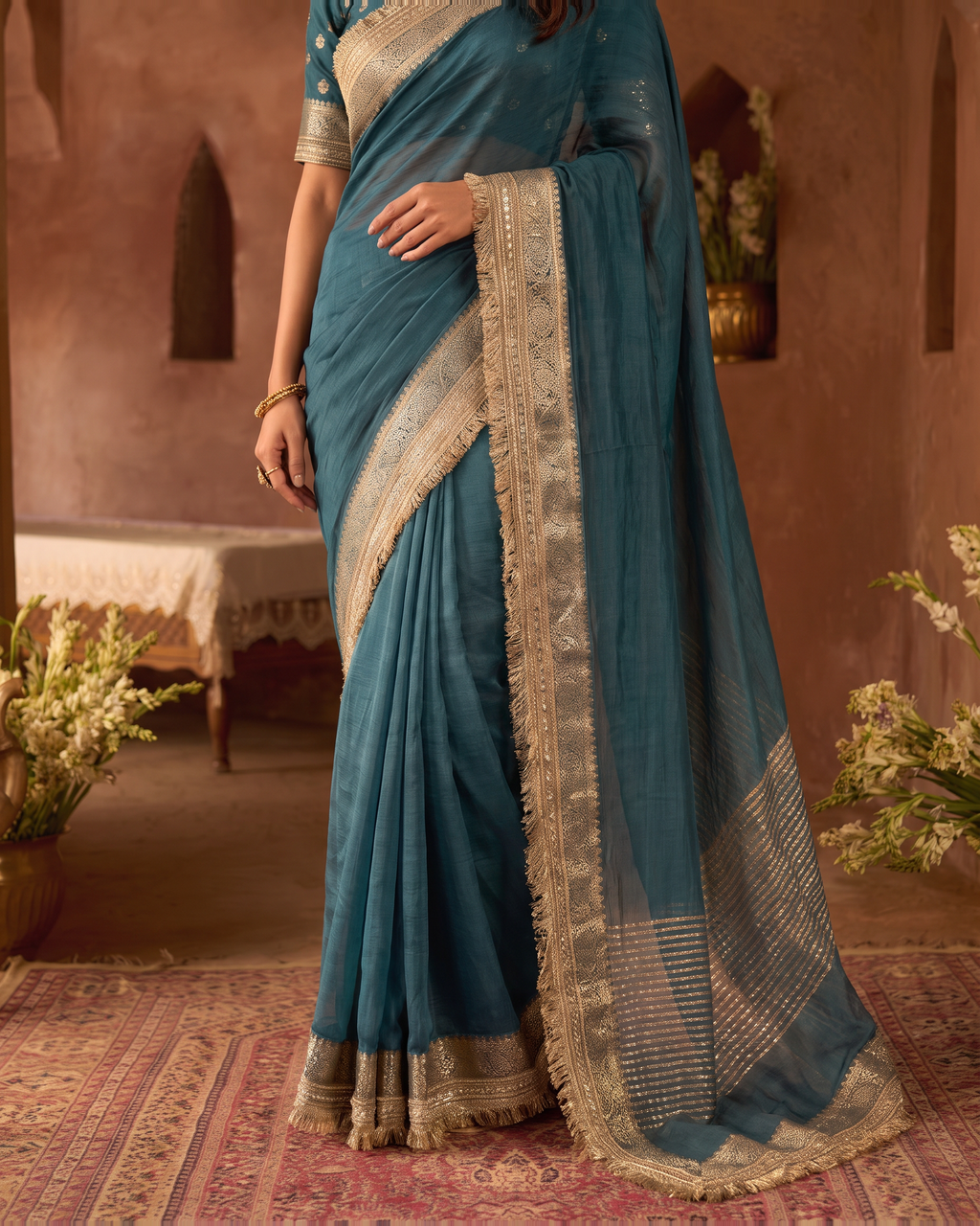 Rhea Tissue Finish Festive Saree with Luminous Pallu - Teal - lower closeup