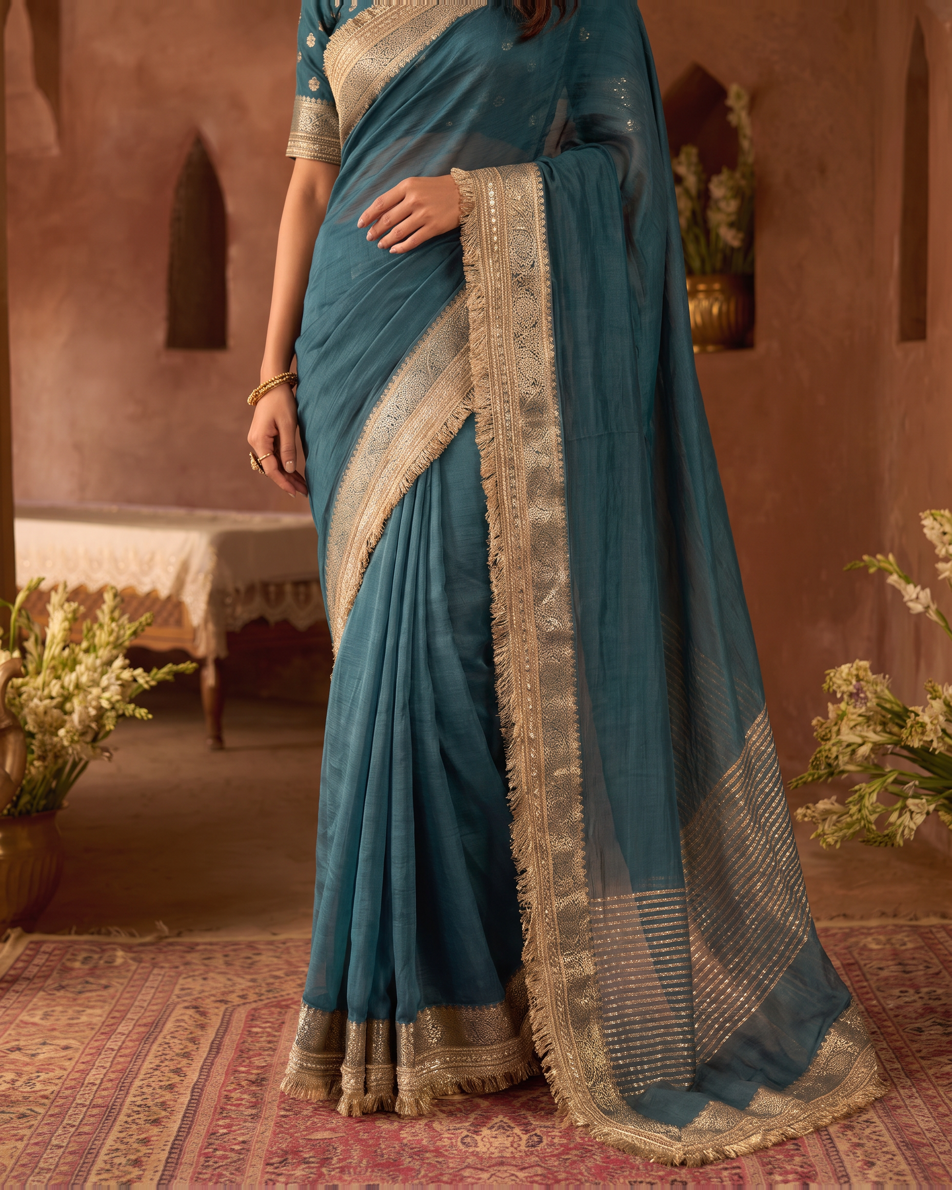Rhea Tissue Finish Festive Saree with Luminous Pallu - Teal - lower closeup
