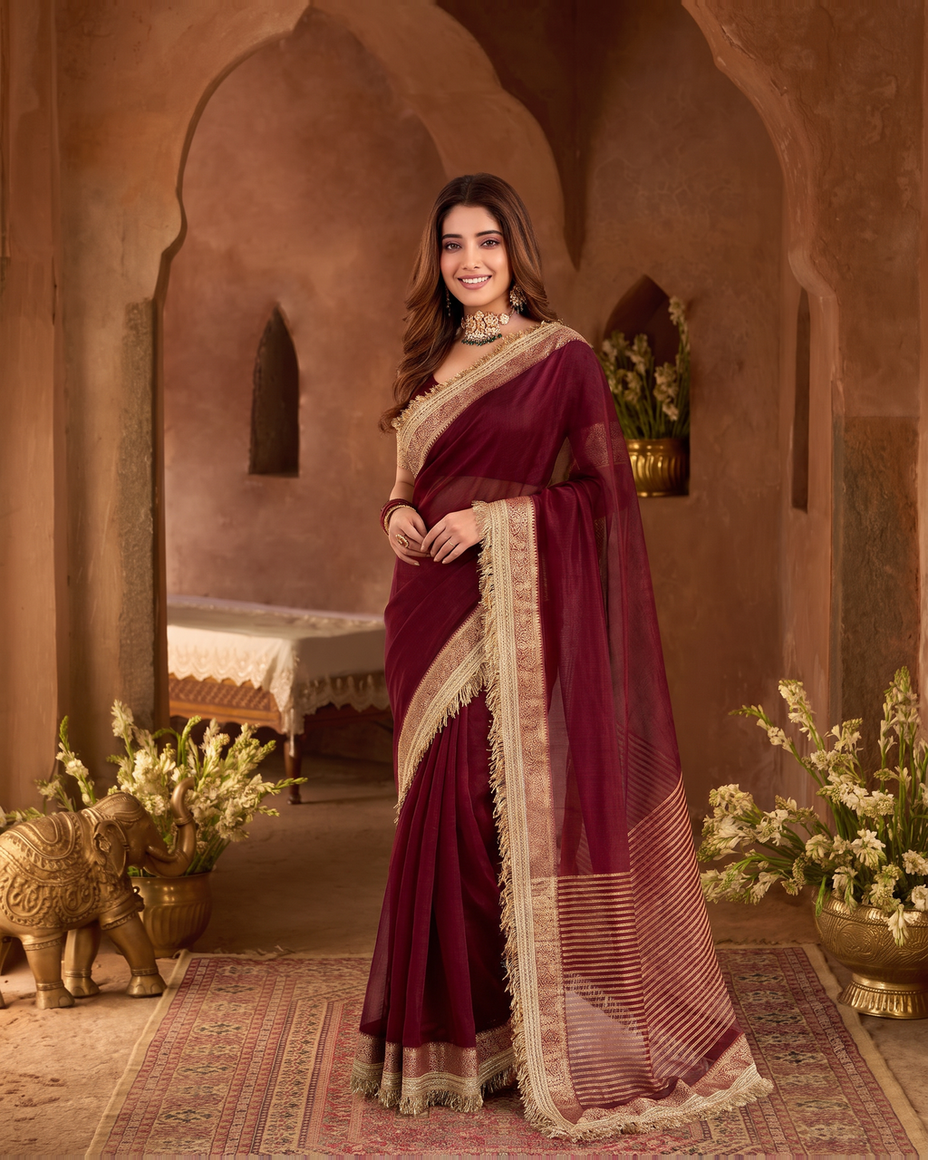 Rhea Tissue Finish Festive Saree with Luminous Pallu - Wine - full saree hero