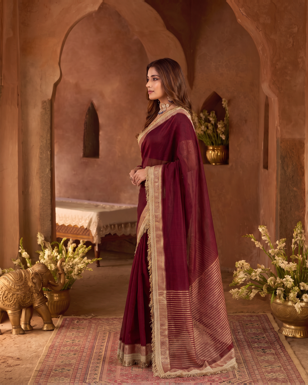 Rhea Tissue Finish Festive Saree with Luminous Pallu - Wine - side