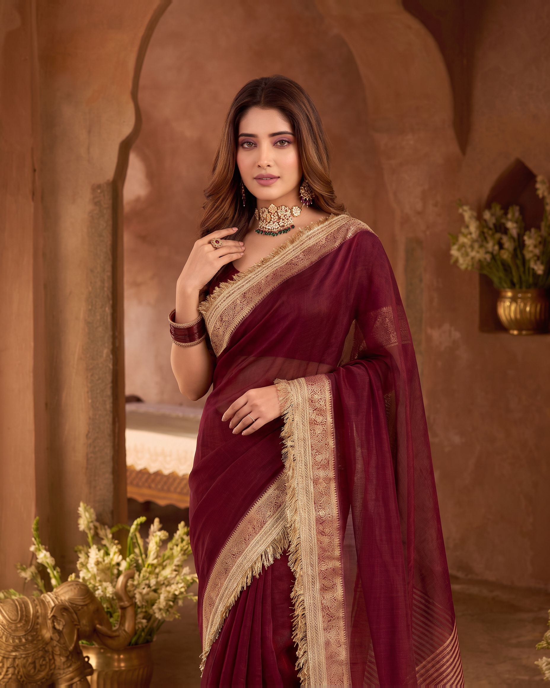 Rhea Tissue Finish Festive Saree with Luminous Pallu - Wine - upper closeup