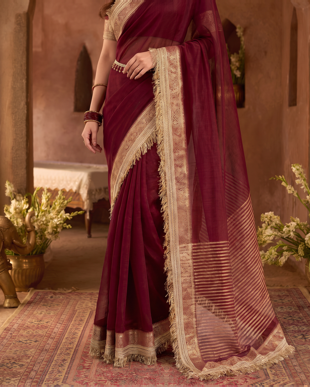 Rhea Tissue Finish Festive Saree with Luminous Pallu - Wine - lower closeup