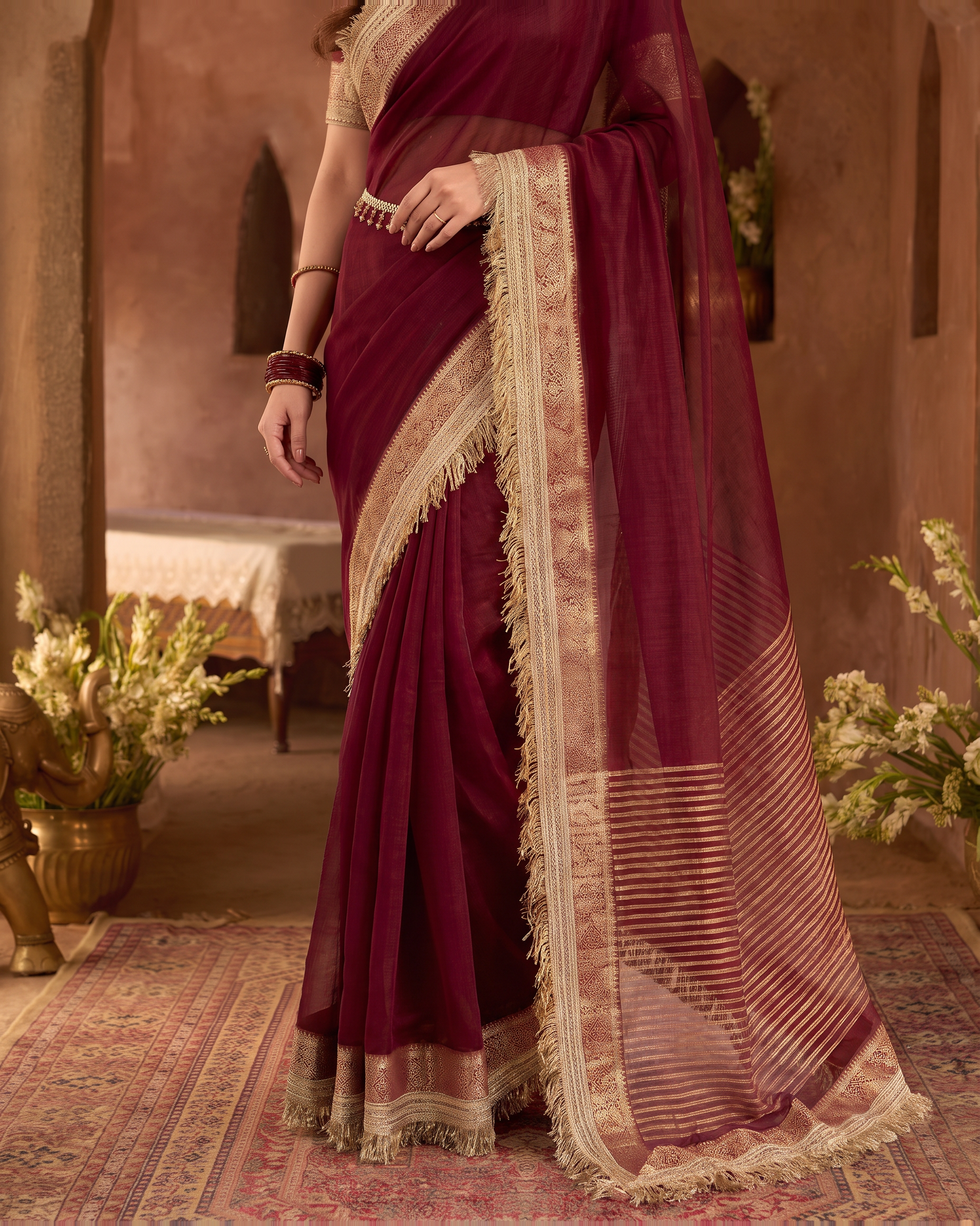 Rhea Tissue Finish Festive Saree with Luminous Pallu - Wine - lower closeup