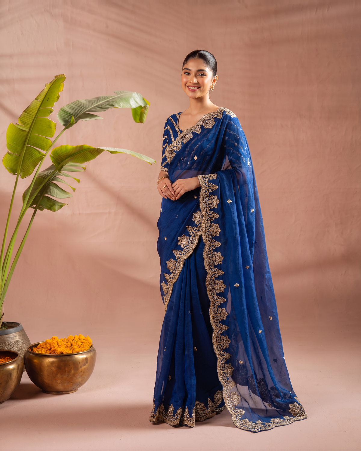 Rishika Floral Butti Festive Saree with Decorative Border - Air Force - full saree hero