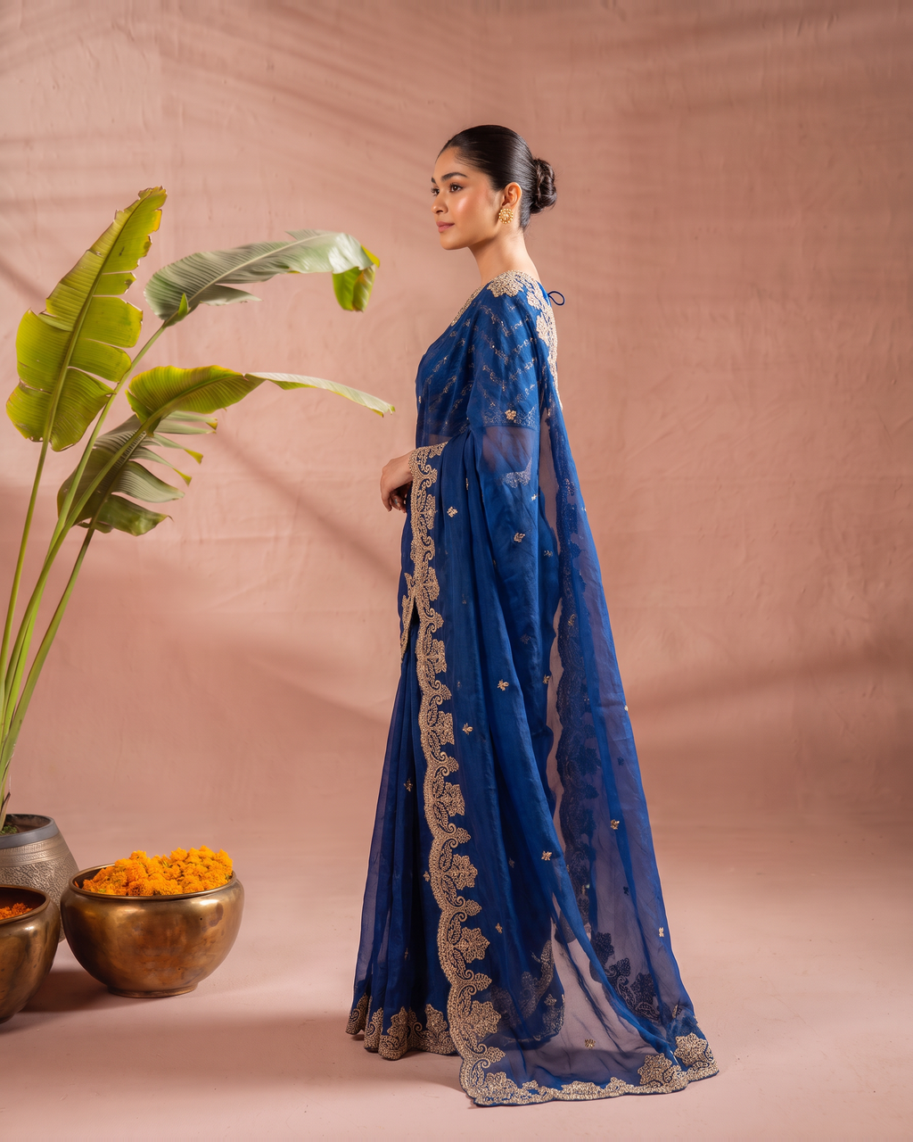 Rishika Floral Butti Festive Saree with Decorative Border - Air Force - side