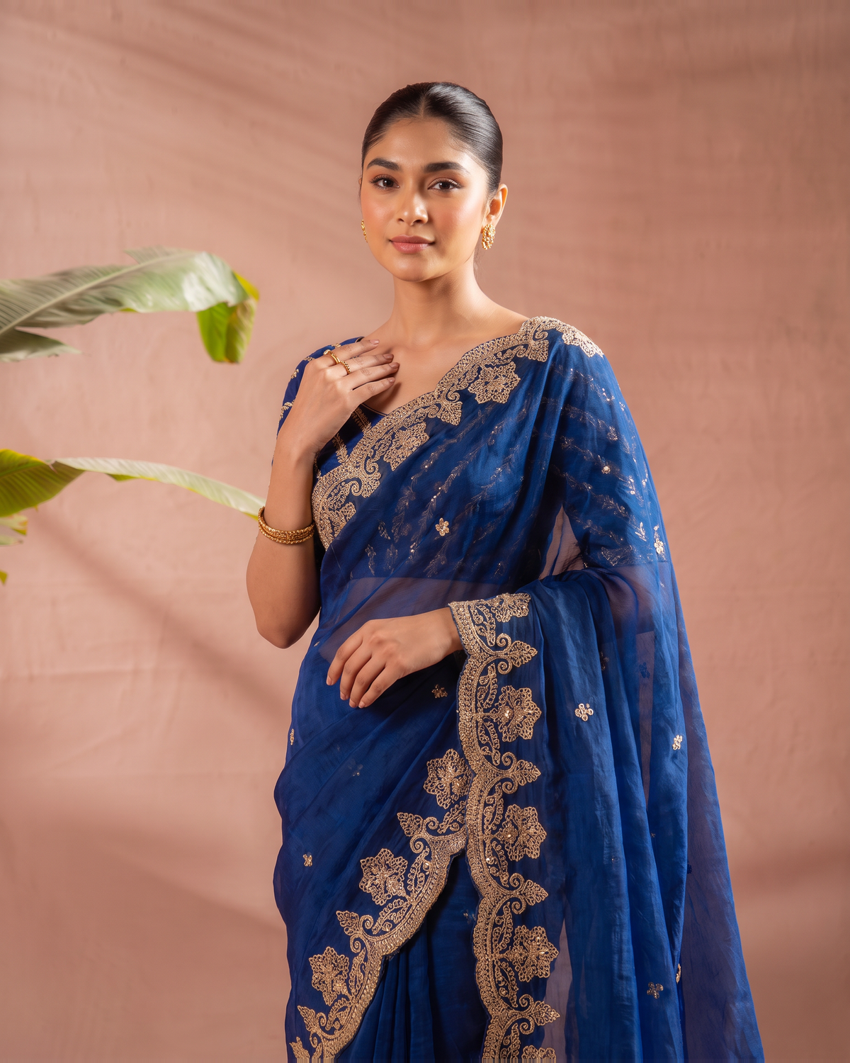 Rishika Floral Butti Festive Saree with Decorative Border - Air Force - upper closeup