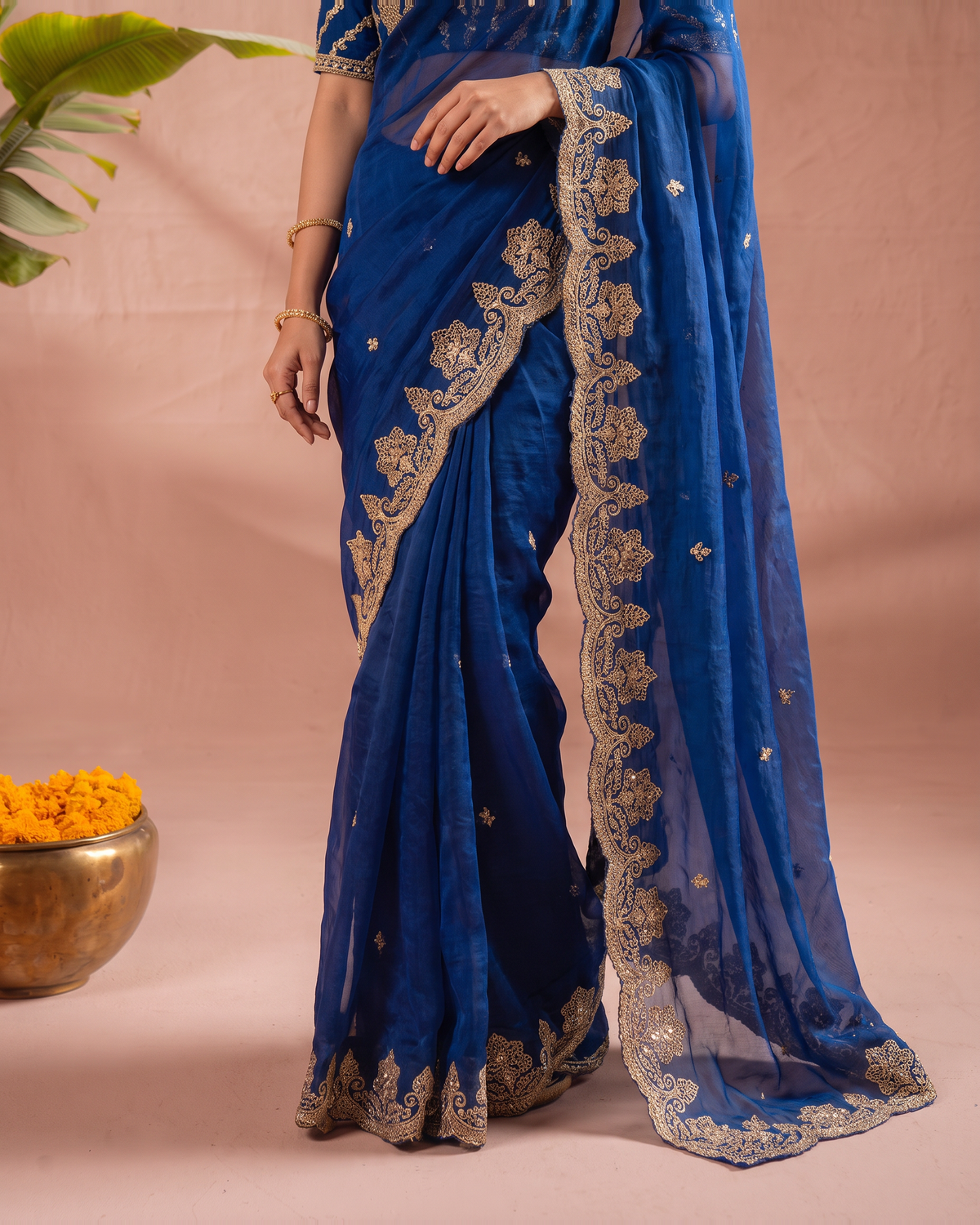 Rishika Floral Butti Festive Saree with Decorative Border - Air Force - lower closeup