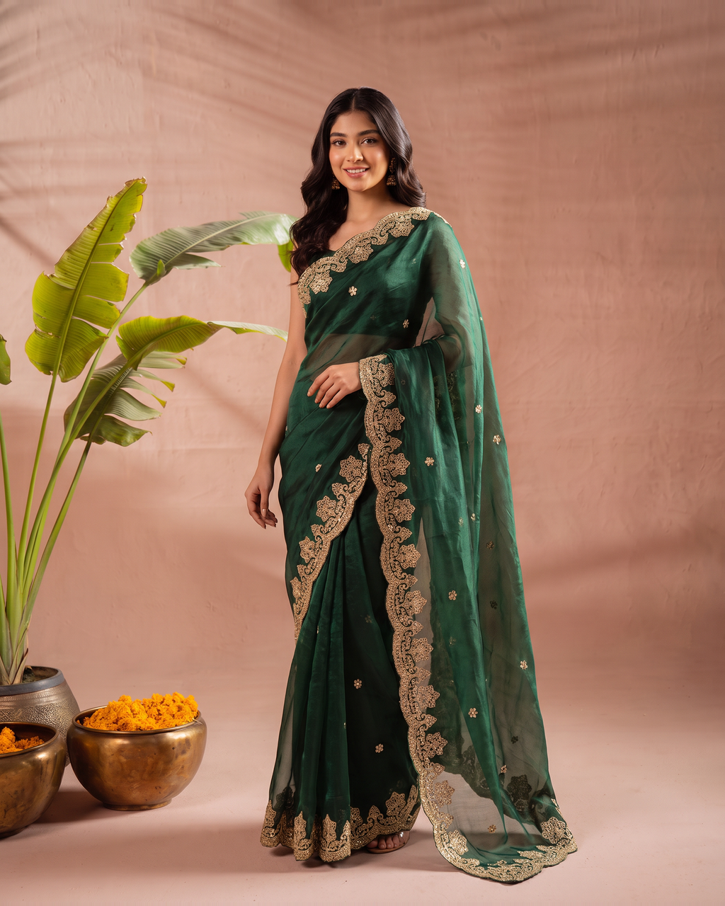 Rishika Floral Butti Festive Saree with Decorative Border - Green - full saree hero