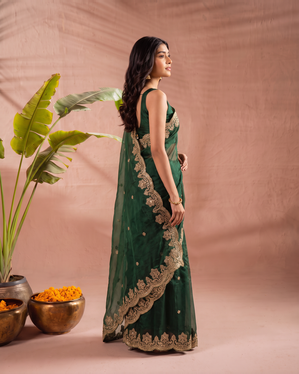 Rishika Floral Butti Festive Saree with Decorative Border - Green - side