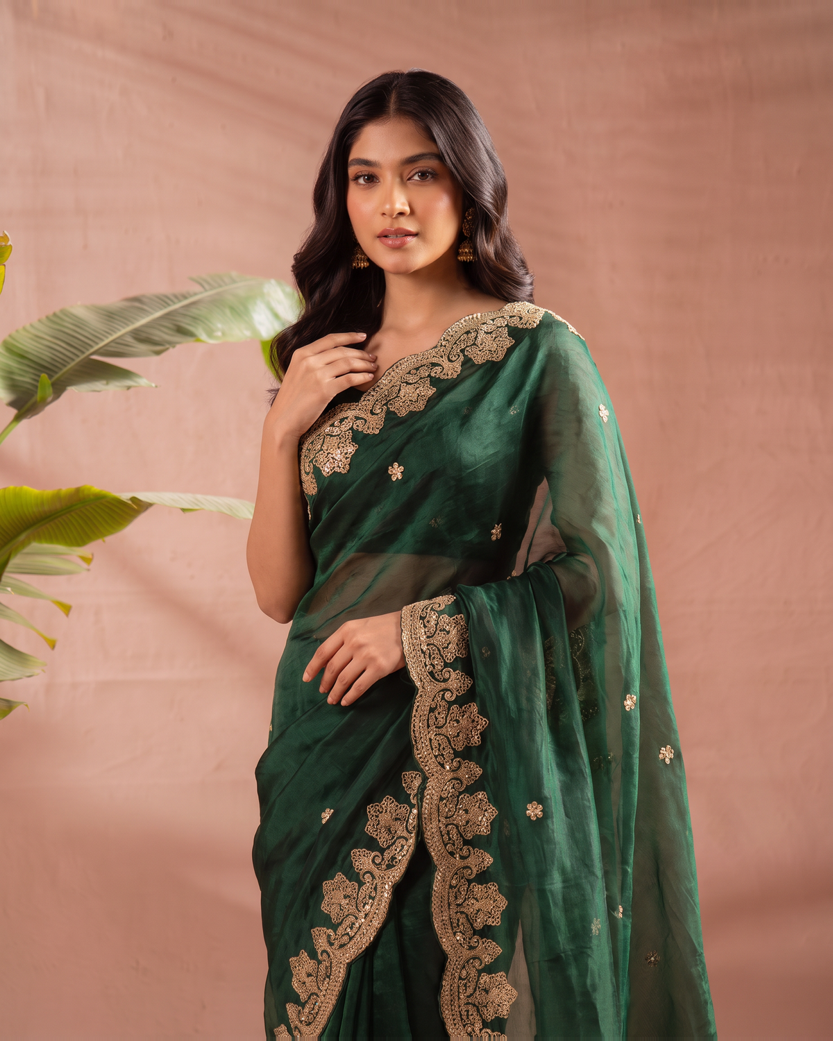 Rishika Floral Butti Festive Saree with Decorative Border - Green - upper closeup