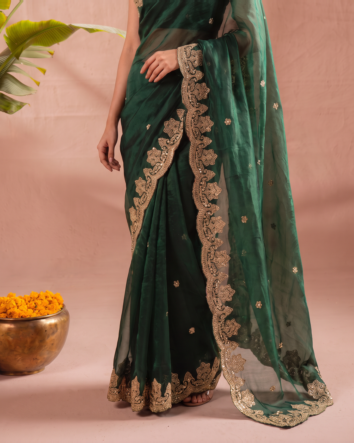 Rishika Floral Butti Festive Saree with Decorative Border - Green - lower closeup
