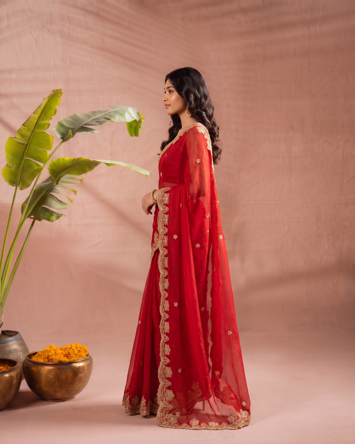 Rishika Floral Butti Festive Saree with Decorative Border - Red - side