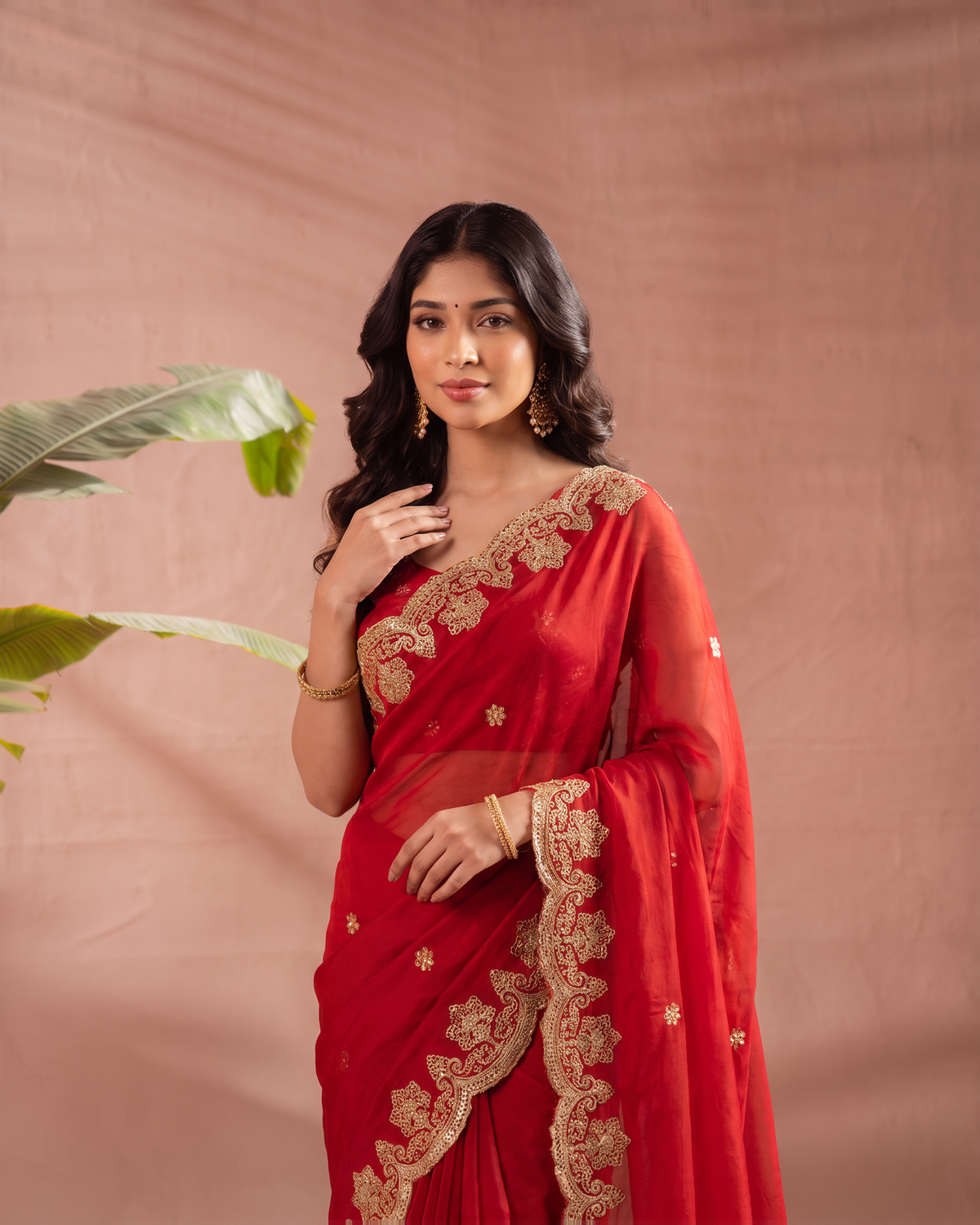 Rishika Floral Butti Festive Saree with Decorative Border - Red - upper closeup