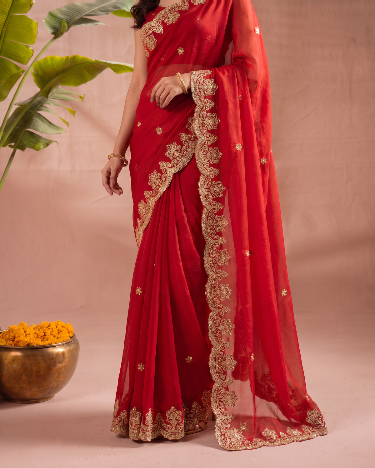 Rishika Floral Butti Festive Saree with Decorative Border - Red - lower closeup
