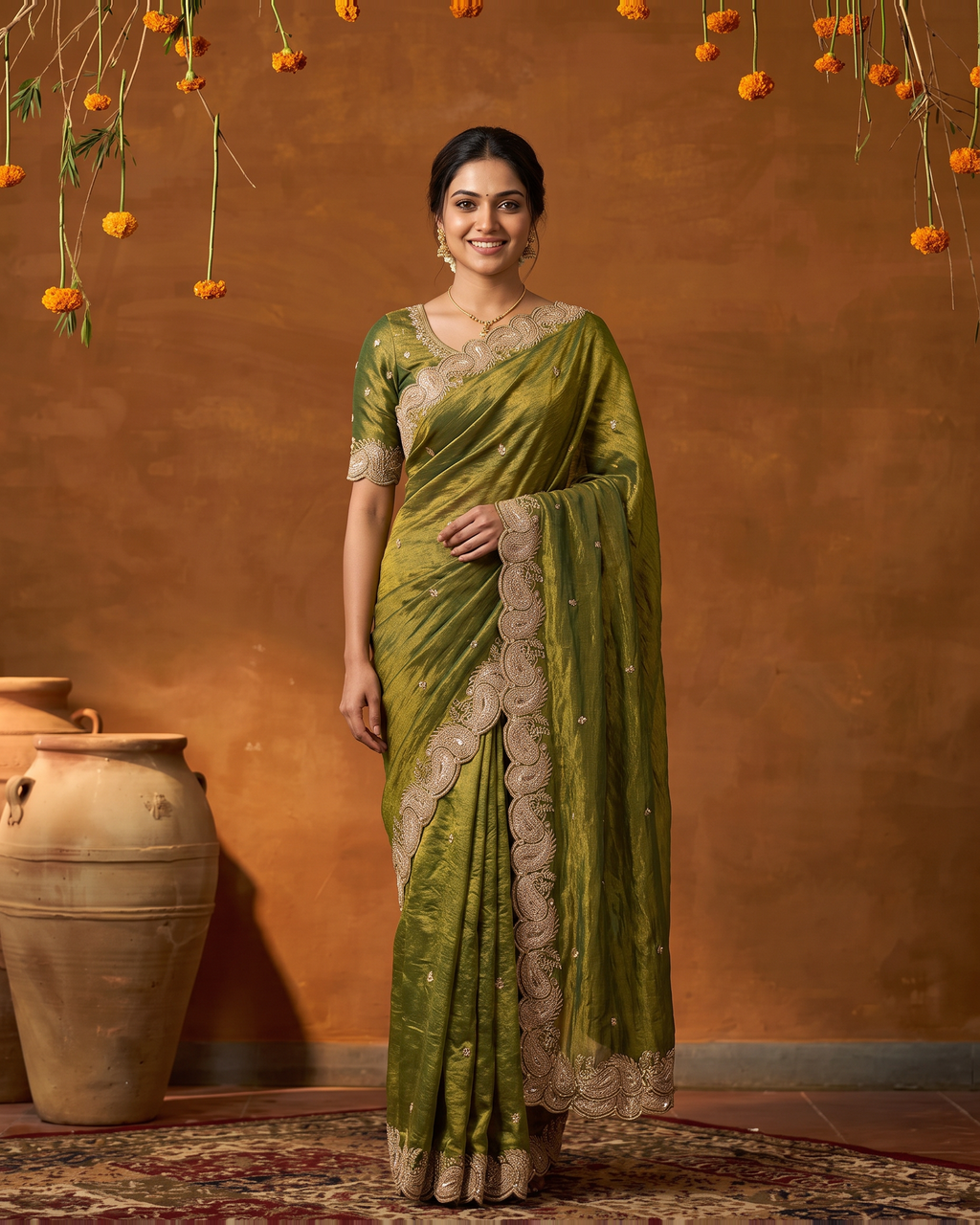 Ritika Chiffon Mango Motif Festive Saree with Soft Drape - Olive - full saree hero