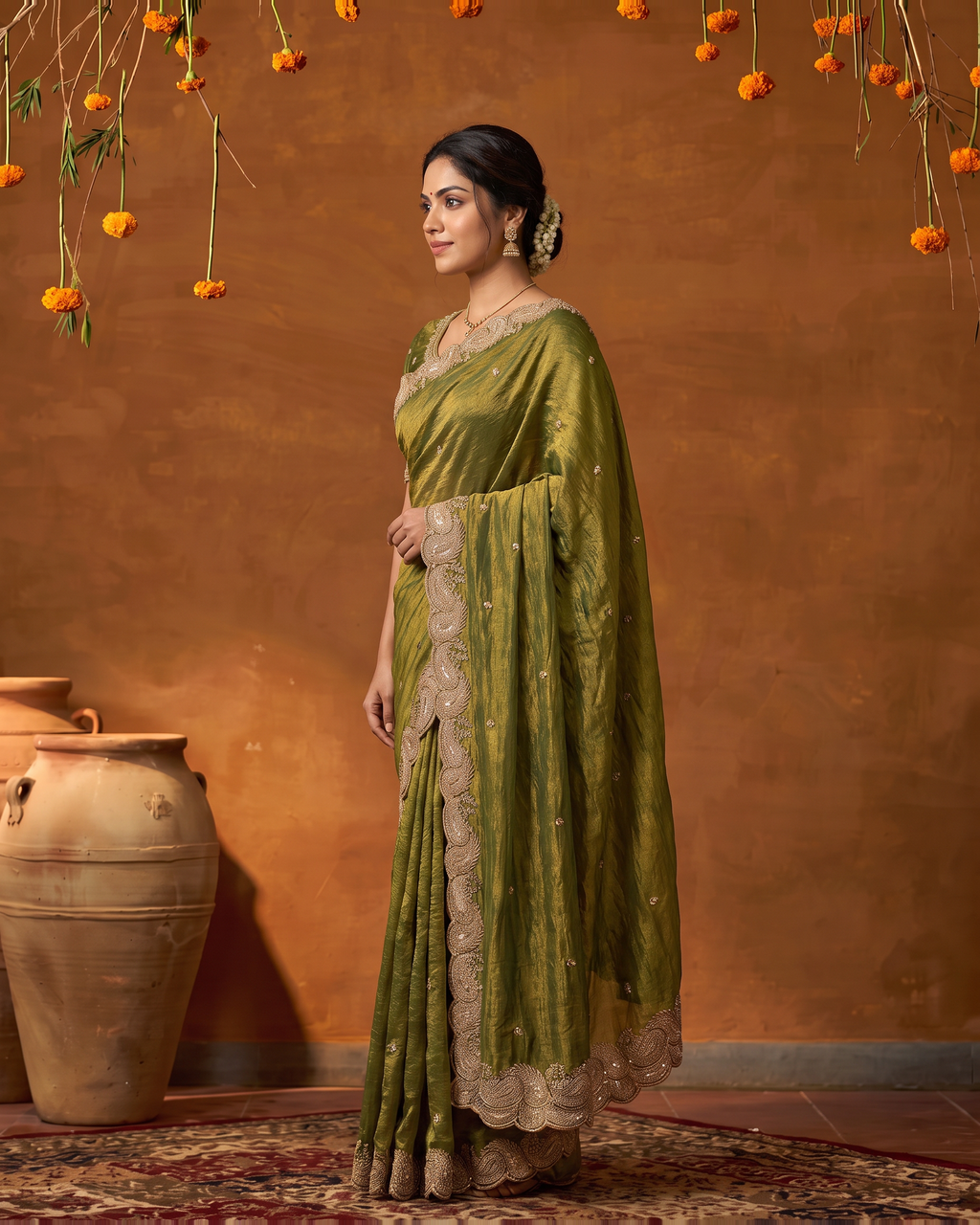 Ritika Chiffon Mango Motif Festive Saree with Soft Drape - Olive - side