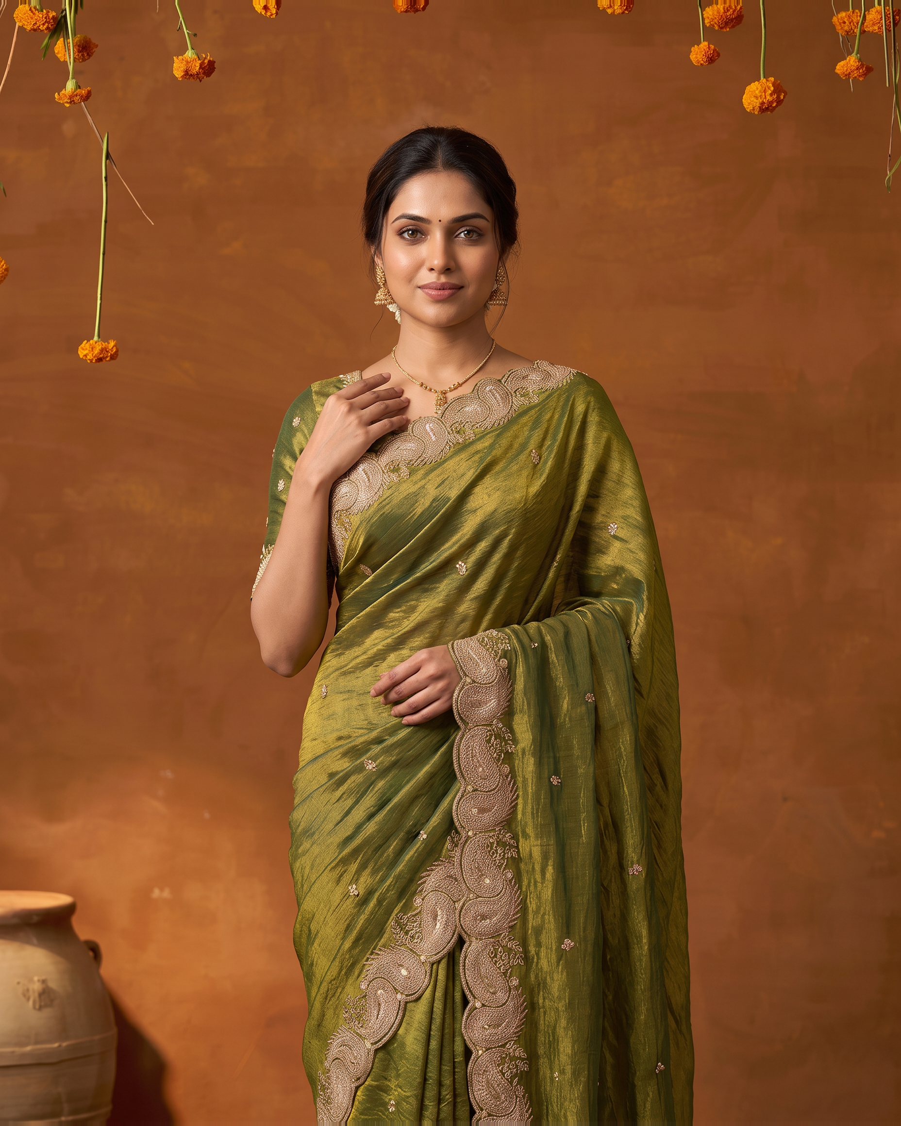 Ritika Chiffon Mango Motif Festive Saree with Soft Drape - Olive - upper closeup