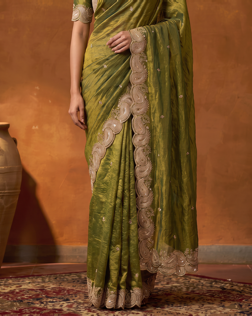 Ritika Chiffon Mango Motif Festive Saree with Soft Drape - Olive - lower closeup