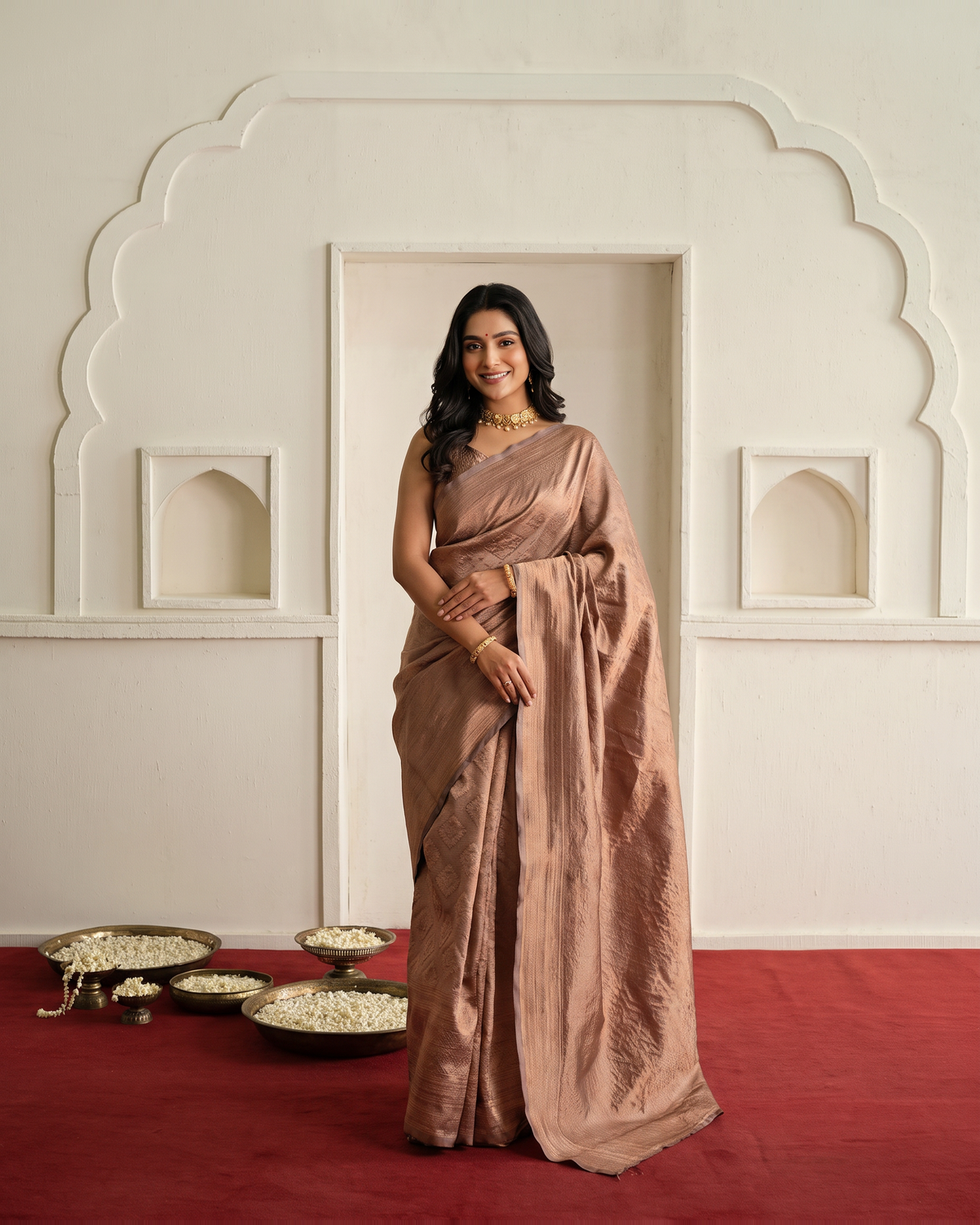 Rosy Beige Silk Saree with Satin Sheen and Classic Border - full saree hero