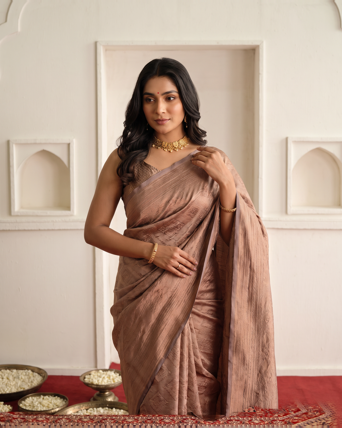 Rosy Beige Silk Saree with Satin Sheen and Classic Border - upper closeup