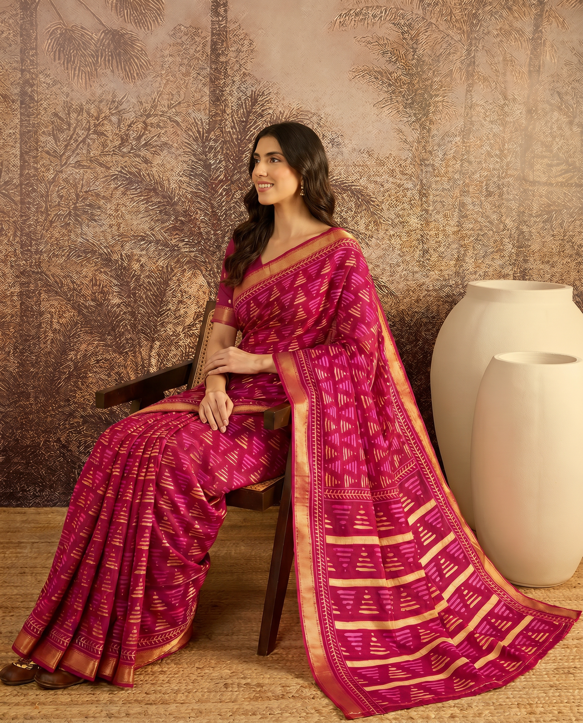 Royal Navy Blue Printed Pure Cotton Saree with Subtle Golden Border - output 0 - 03 side