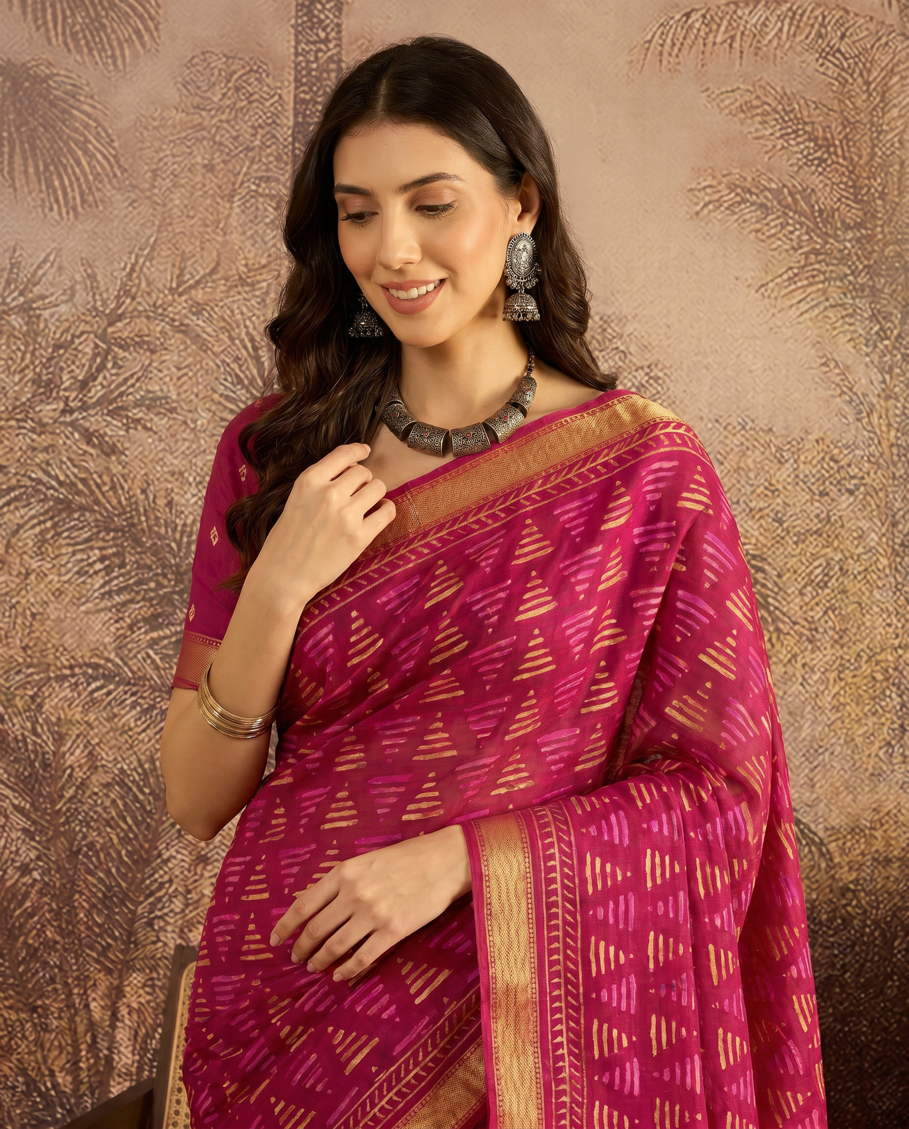 Royal Navy Blue Printed Pure Cotton Saree with Subtle Golden Border - output 0 - 04 upper closeup