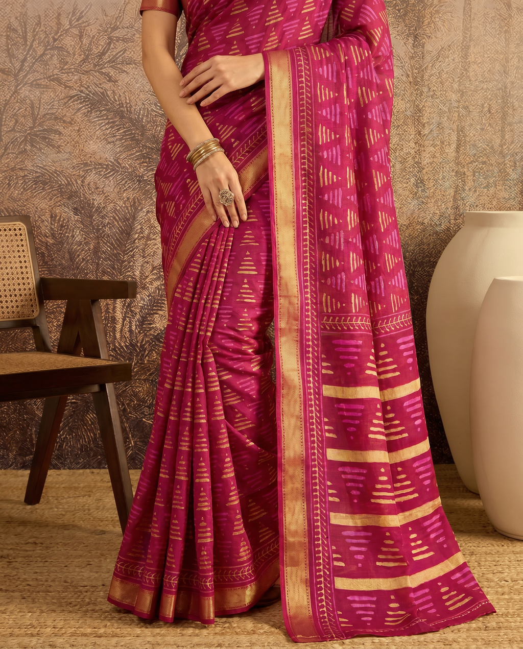 Royal Navy Blue Printed Pure Cotton Saree with Subtle Golden Border - output 0 - 05 lower closeup