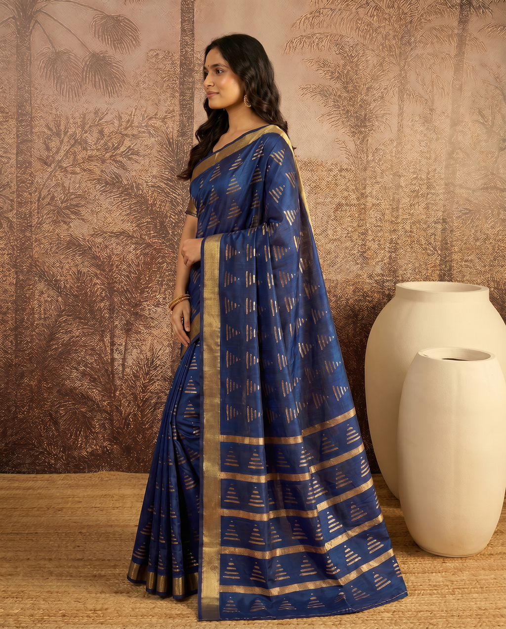 Royal Navy Blue Printed Pure Cotton Saree with Subtle Golden Border - output 1 - 03 side