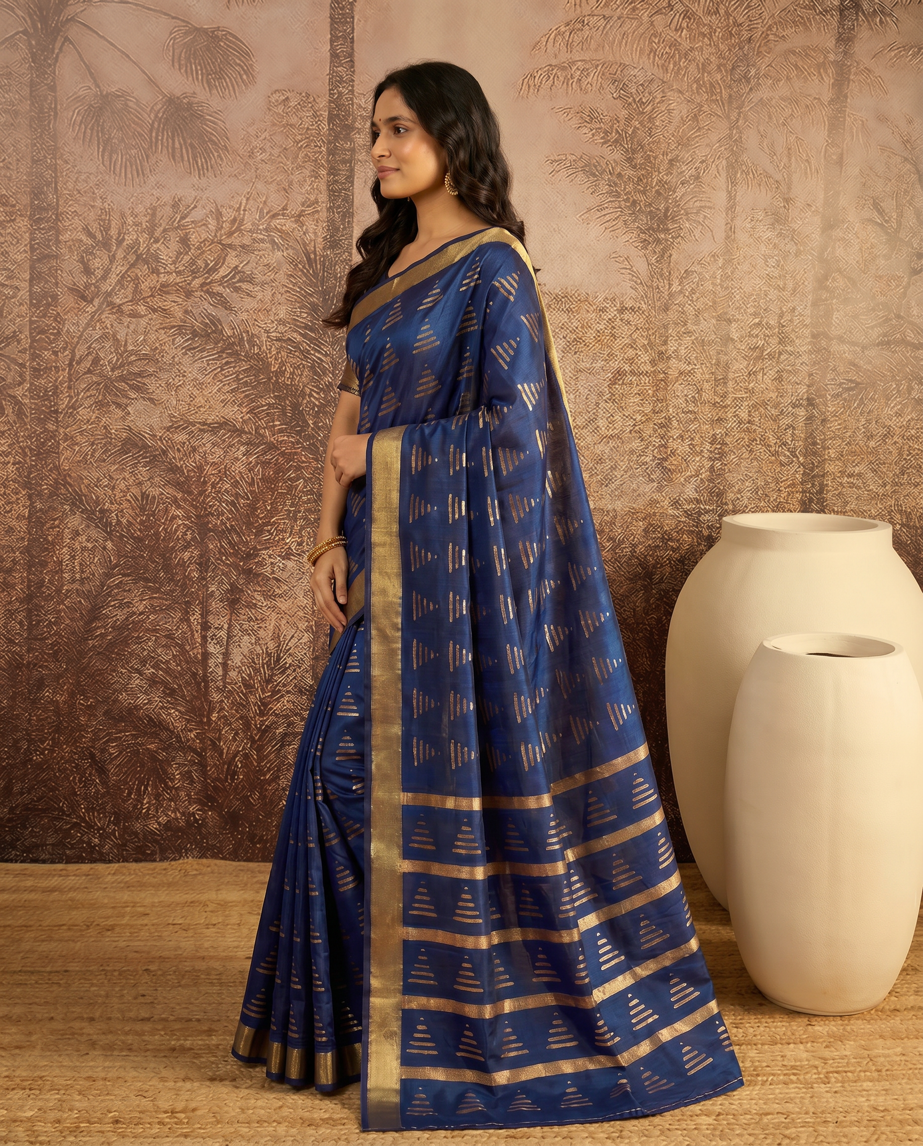 Royal Navy Blue Printed Pure Cotton Saree with Subtle Golden Border - output 1 - 03 side