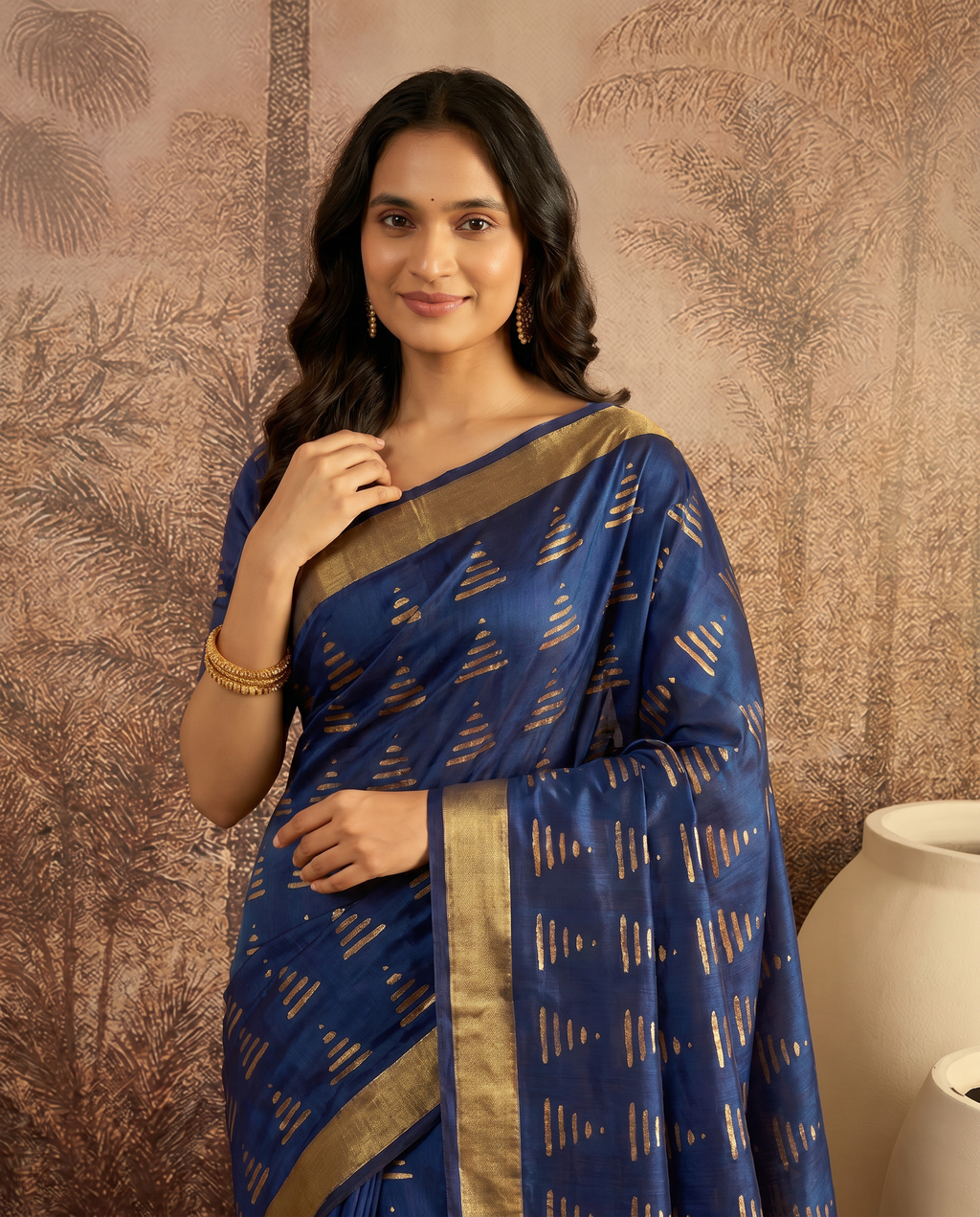 Royal Navy Blue Printed Pure Cotton Saree with Subtle Golden Border - output 1 - 04 upper closeup