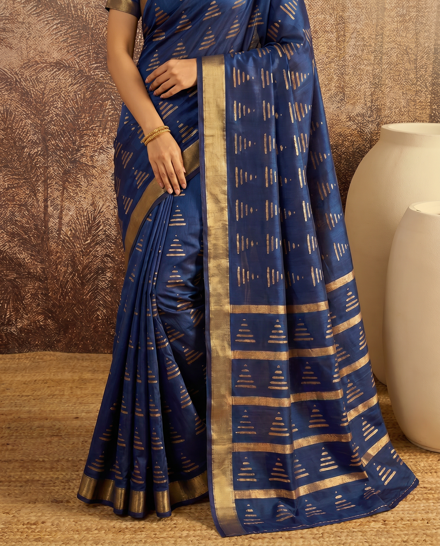 Royal Navy Blue Printed Pure Cotton Saree with Subtle Golden Border - output 1 - 05 lower closeup